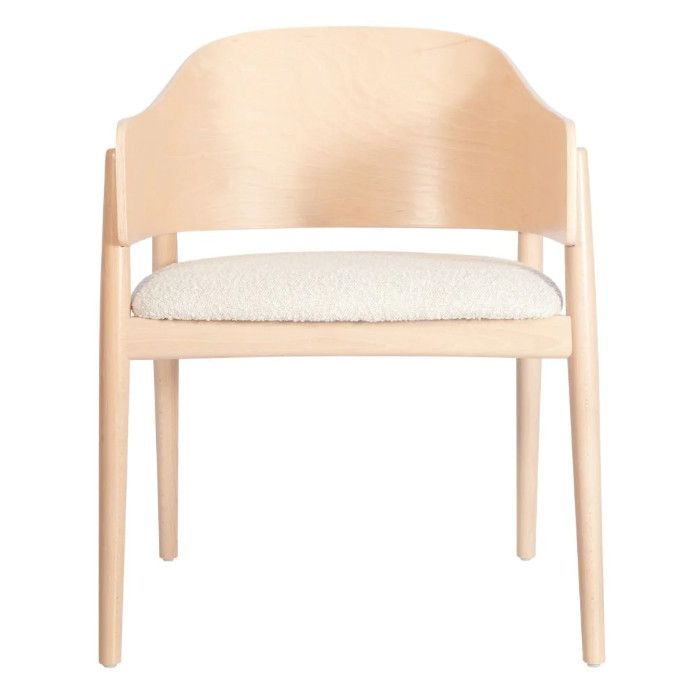 Front view of the Milo W Armchair, showing its light wood frame, curved back, and white textured seat cushion.