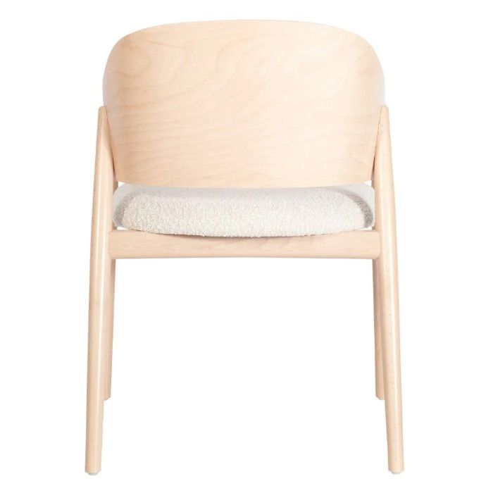 Rear view of the Milo W Armchair showcasing its curved wooden backrest and plush, cream-colored upholstered seat.