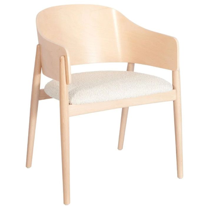 Milo W Armchair with a light wood frame and textured white upholstered seat in a contemporary 4-legged design.