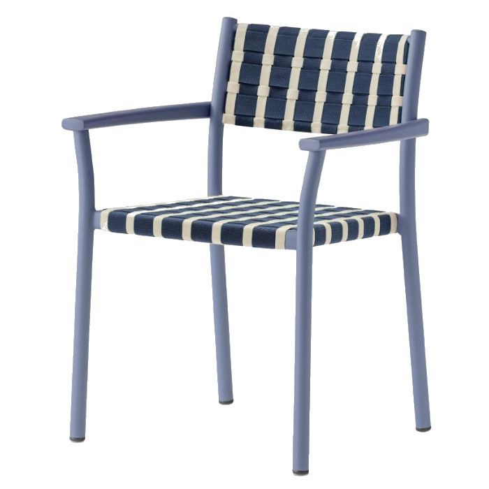 Side-profile view of a blue Nuova Guinea armchair with a striped, woven seat and backrest on a clean white background.