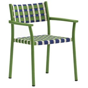 Nuova Guinea armchair with a green metal frame and blue, green, and white woven seat and backrest in a front view.