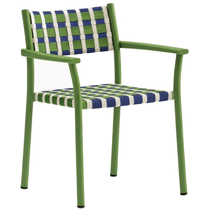 Nuova Guinea armchair with a green metal frame and blue, green, and white woven seat and backrest in a front view.