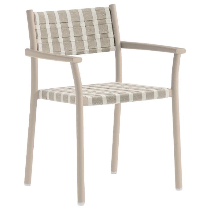 Three-quarter view of a beige Nuova Guinea armchair featuring a light-toned frame and a checkered woven seat and back.