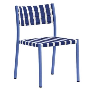 Nuova Guinea side chair with blue metal frame and blue-and-white woven polypropylene seat and back, angled view.