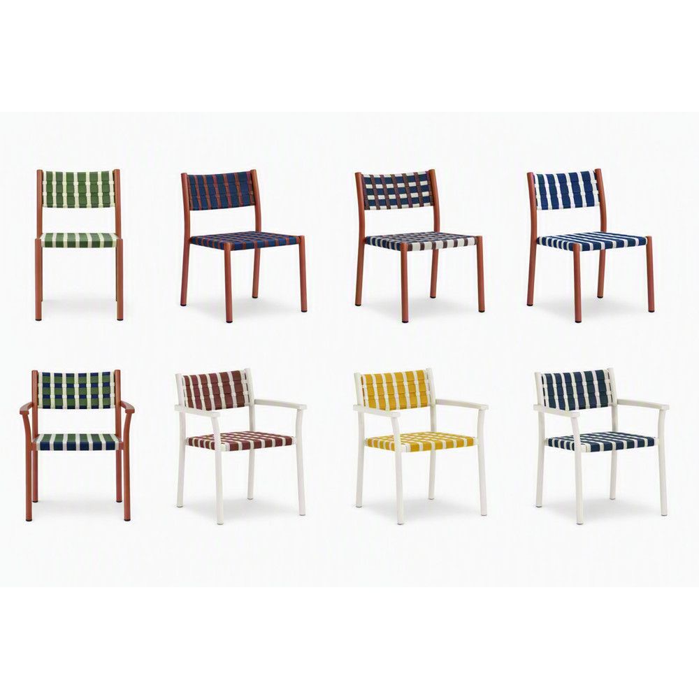 Collection of eight Nuova Guinea armchairs and chairs displayed in various colors and striped woven seat patterns.