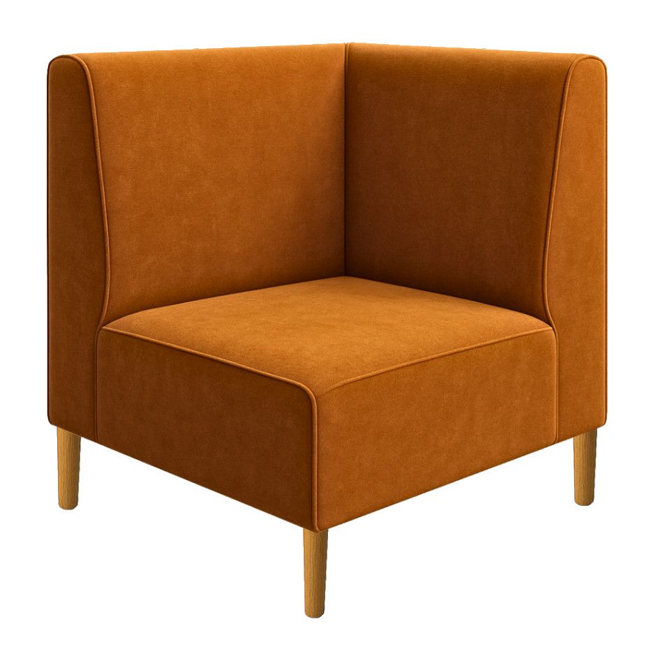 Front corner view of a Plain Bench Banquette featuring burnt orange fabric and light wood legs on a plain background.