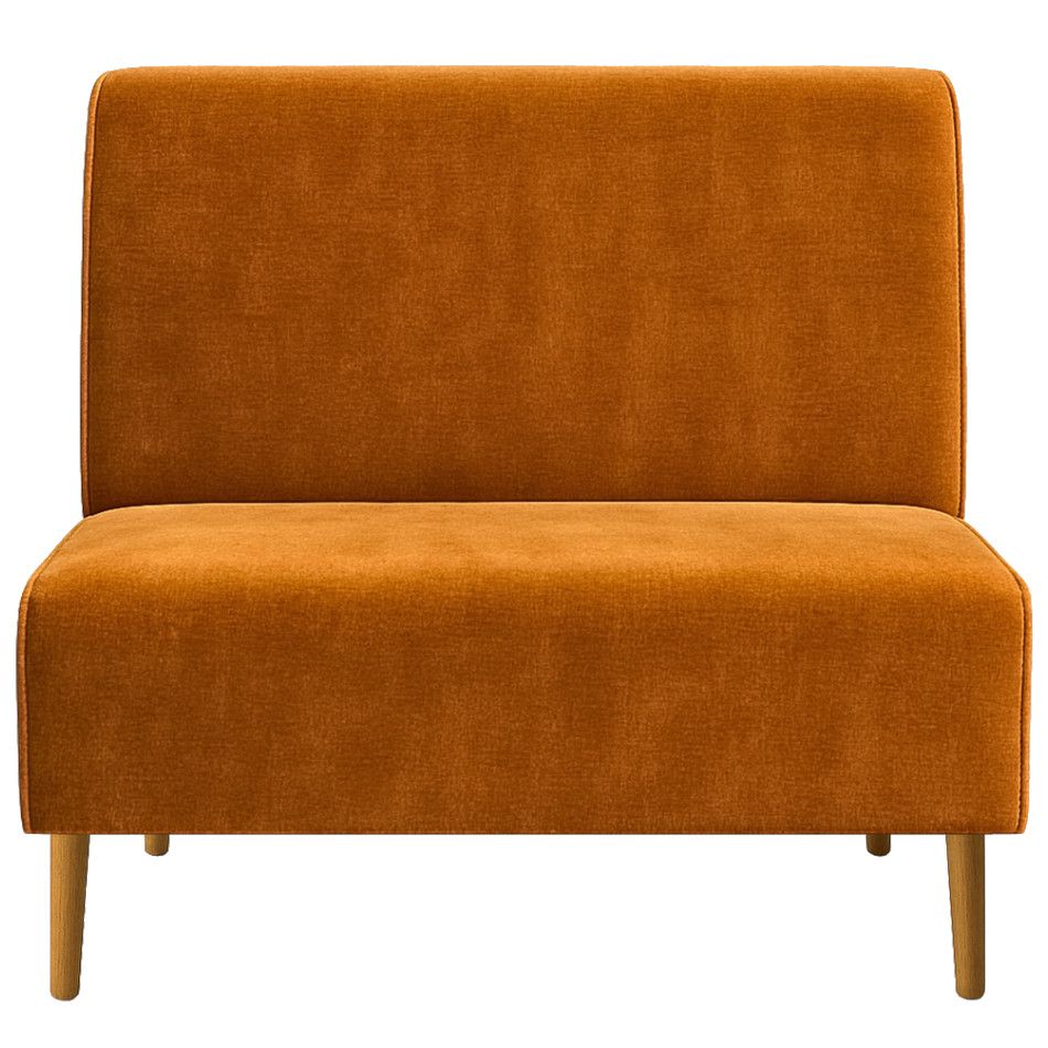 Direct straight-on view of a Plain Bench Banquette upholstered in textured amber fabric with simple natural wood legs.
