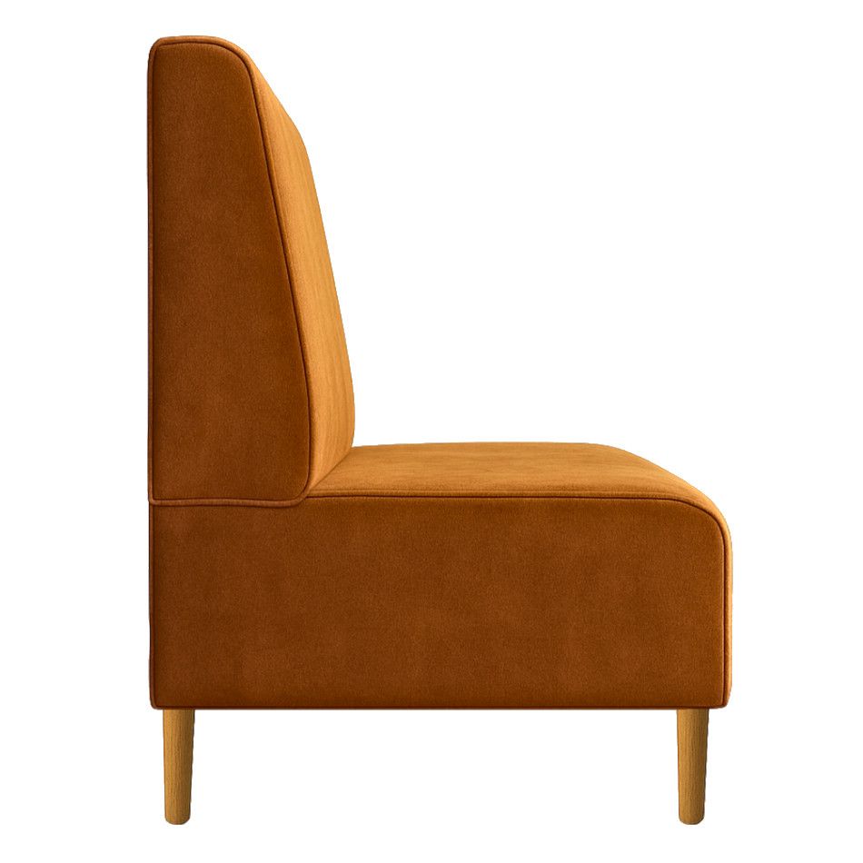 Profile view of a Plain Bench Banquette showcasing its high backrest, soft orange upholstery, and light wood peg legs.