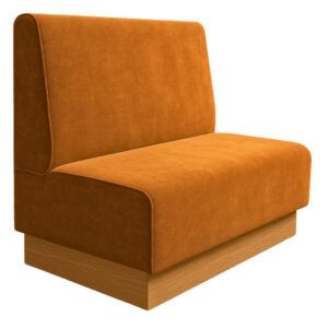 Plain Plinth Banquette with orange upholstered seat and back on a wooden plinth base, side angle view.