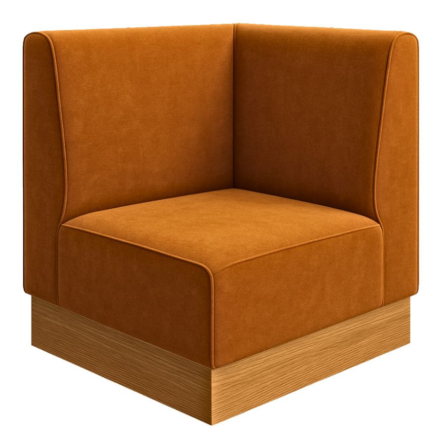 L-shaped Plain Plinth Banquette corner unit featuring burnt orange upholstery and a natural wood grain base.