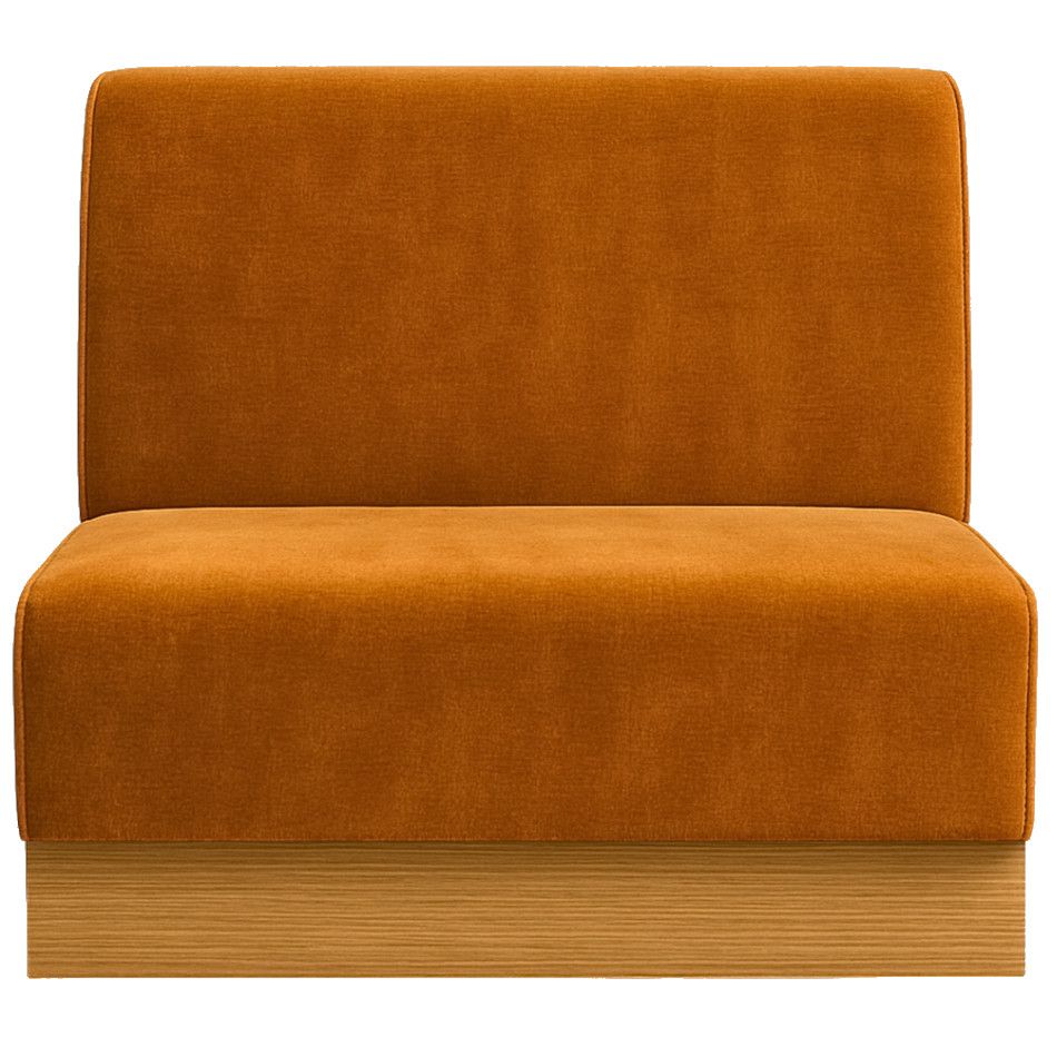 Front view of a Plain Plinth Banquette, showcasing vibrant orange textile upholstery on a solid light wood base.