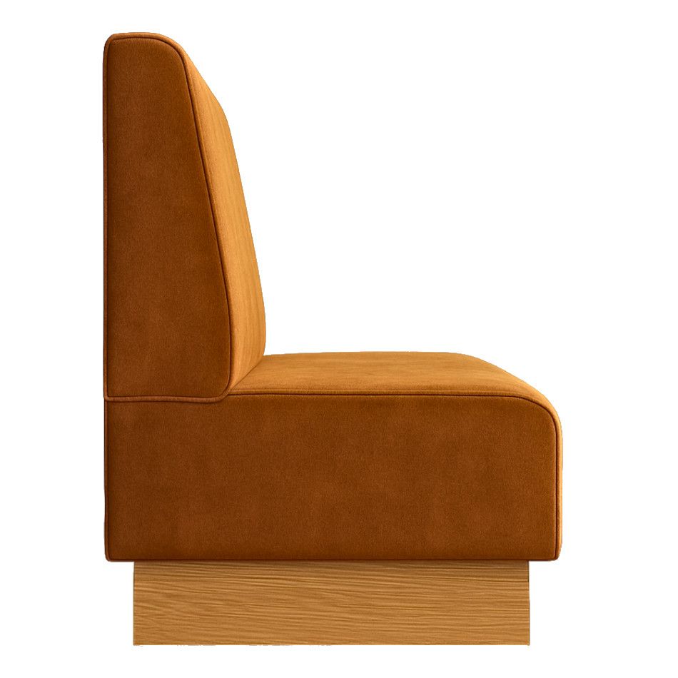 Profile view of Plain Plinth Banquette, highlighting the smooth upholstered orange backrest and sturdy wooden base.