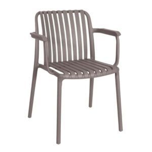 Positano armchair in taupe, captured in a high-angle view to display the moulded, slatted polypropylene seat and arms.