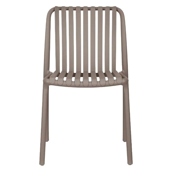 Positano Side Chair in taupe, front view showing vertical slat design in durable polypropylene four-legged frame.