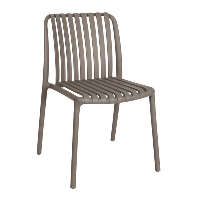 Three-quarter angle view of a taupe Positano Side Chair featuring a slatted polypropylene seat and backrest.