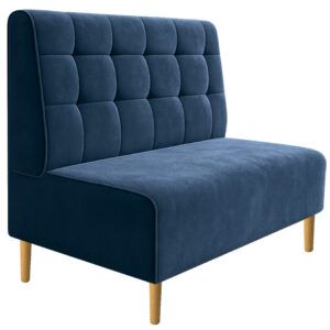 Navy blue Square Quilt Bench Banquette with tufted backrest, smooth seat, and light wooden legs on white background.