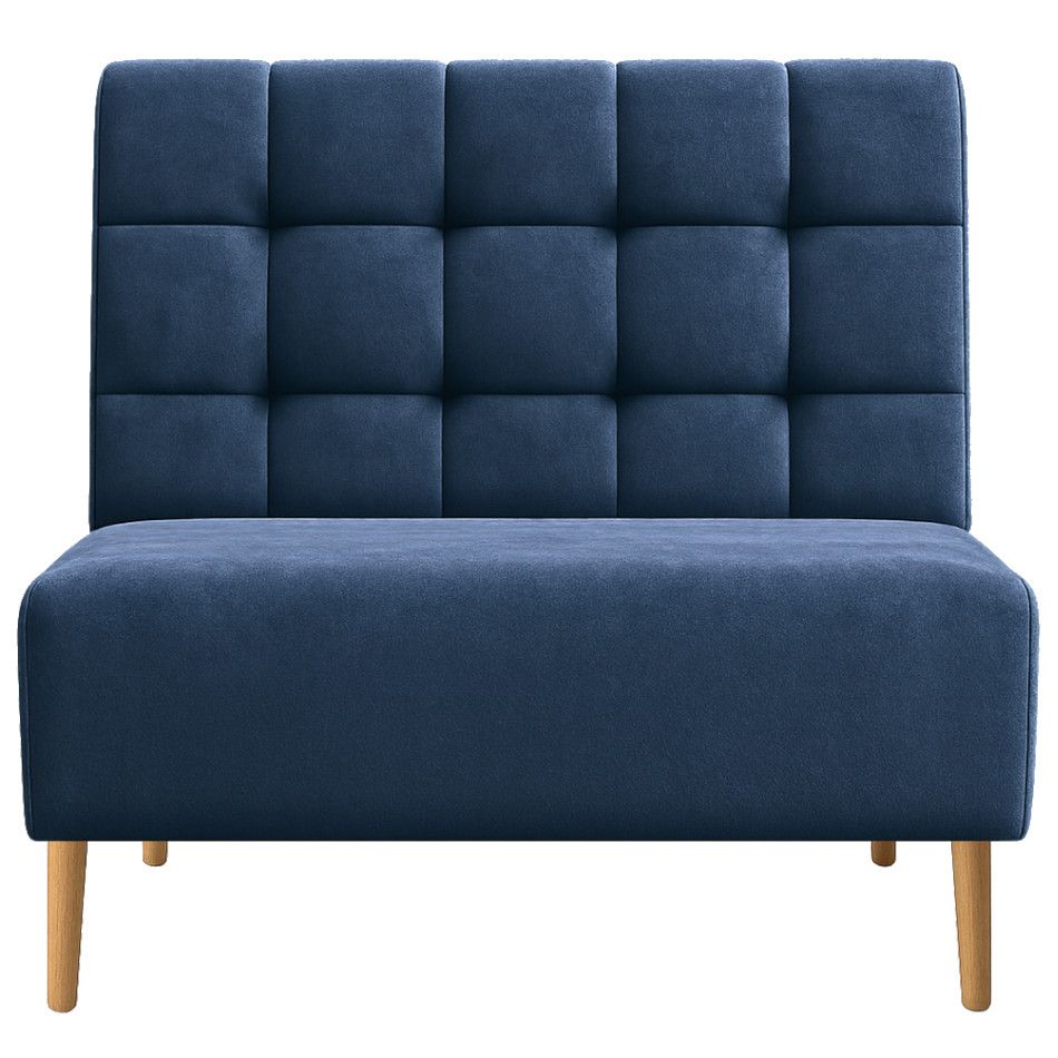 Front view of a Square Quilt Bench Banquette featuring deep blue upholstery, grid-stitched backrest, and tapered legs.