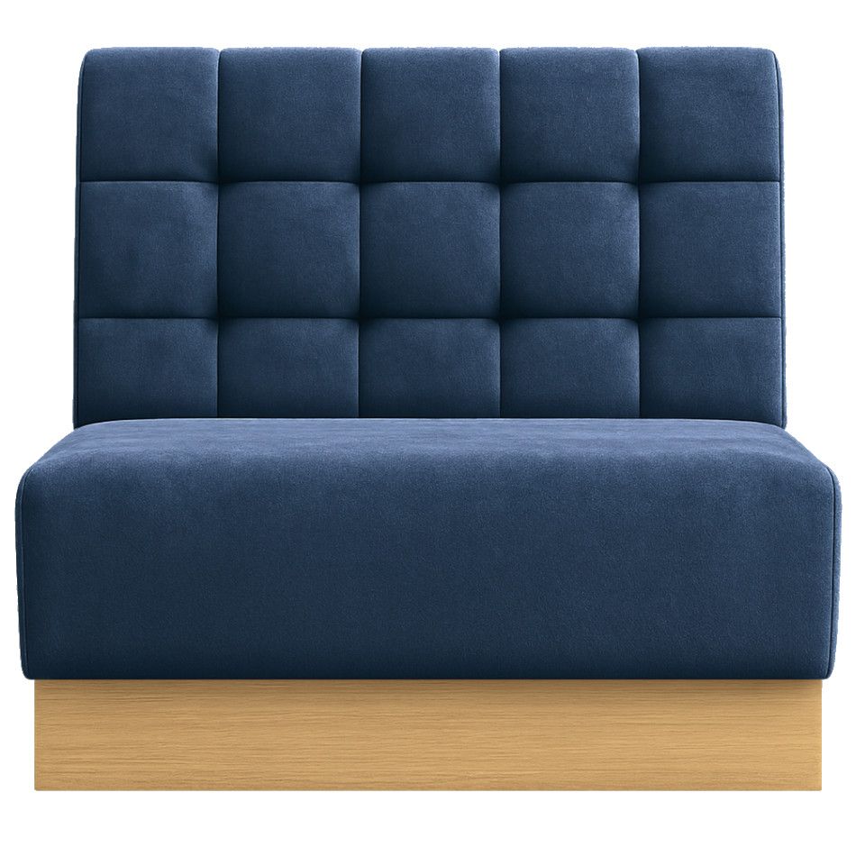 Front view of a square quilt plinth banquette featuring deep blue upholstery, grid-patterned backrest, and oak base.