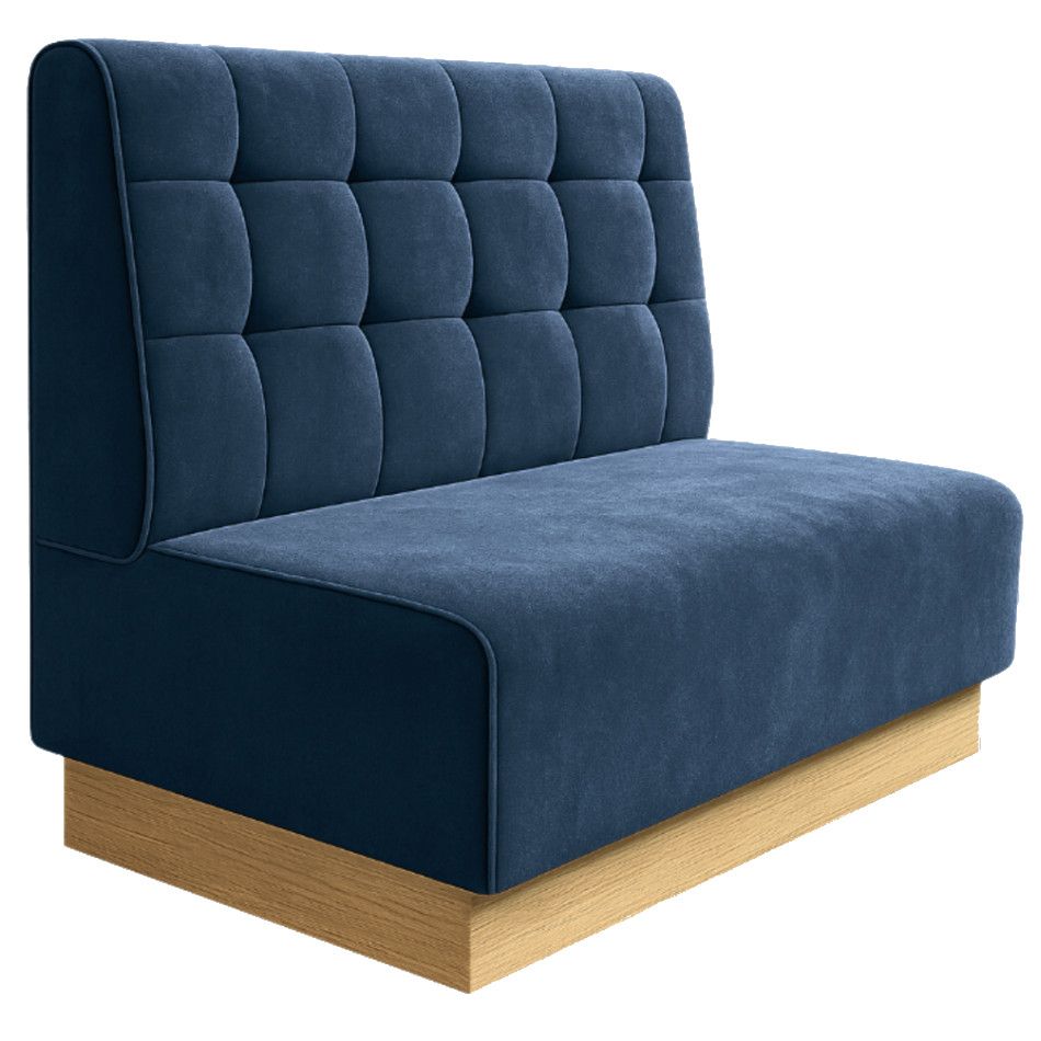 Blue square quilt plinth banquette with a tufted backrest and light wooden base, shown from a side angle.