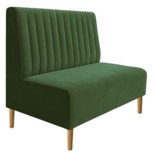 Vertical flute bench banquette in green velvet upholstery with light wooden legs, angled view on white background.
