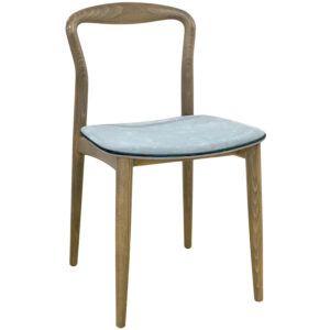 Verona Side Chair viewed from the front, showcasing a muted brown wooden frame and a plush, light blue upholstered seat.