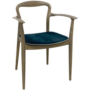 Front view of the Verona Armchair featuring a sleek wooden frame, flowing armrests, and a deep teal fabric seat pad.