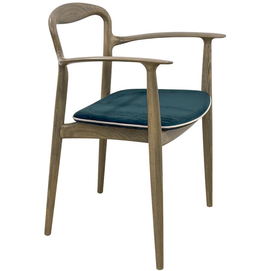 Three-quarter view of a Verona Armchair featuring a natural wood frame, integrated armrests, and a teal cushioned seat.