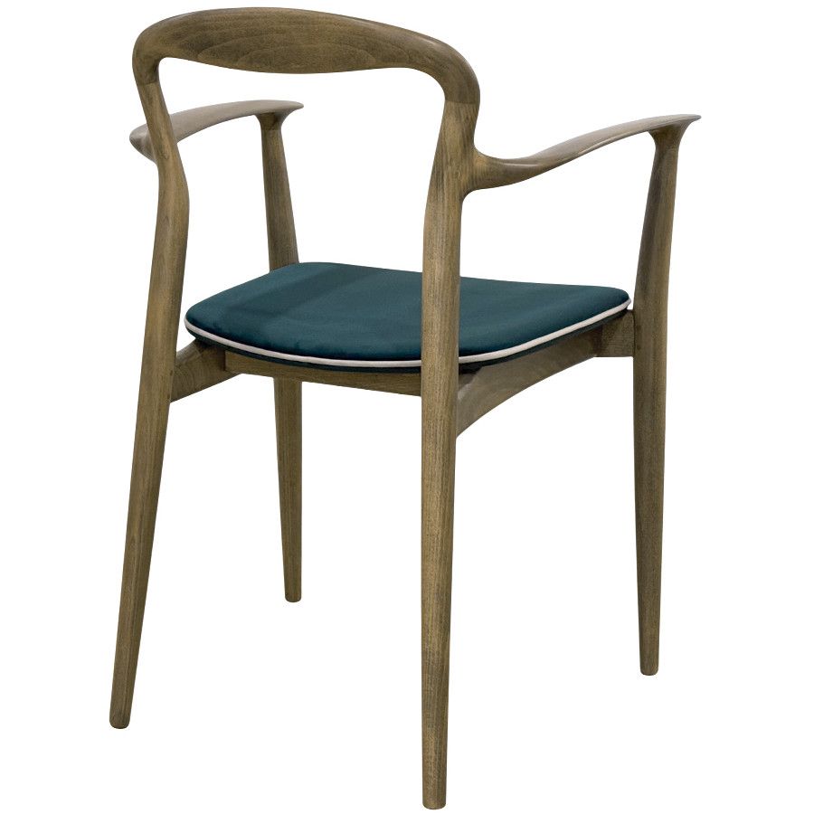 Rear view of the Verona Armchair showcasing its elegant wooden frame design and teal seat pad with light piping.