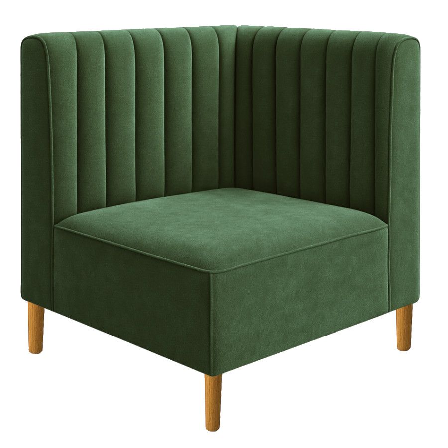 Corner unit Vertical flute bench banquette in deep green fabric with wooden legs, front-facing view on white background.