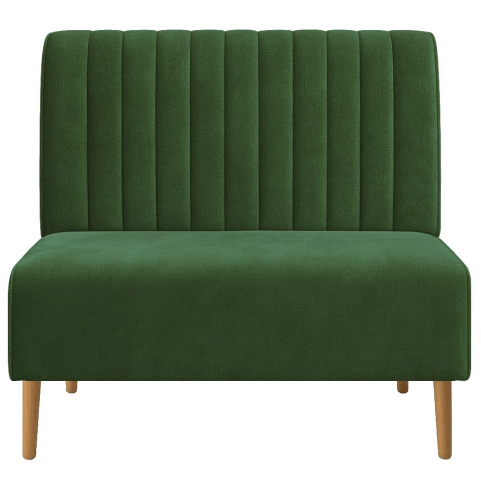Straight-on shot of a Vertical flute bench banquette featuring emerald upholstery and light wooden legs against white.