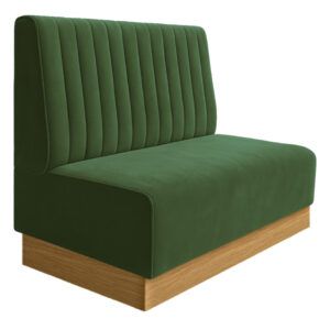 Vertical Plinth Bench Banquette in green velvet with a fluted backrest and natural wood base, angled studio view.
