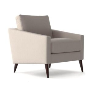 Agnes lounge chair with light beige fabric upholstery, curved backrest, and tapered dark wooden legs on white background.