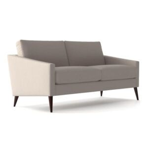 Agnes modern two-seater lounge sofa with light beige upholstery and tapered dark wooden legs, studio side view.