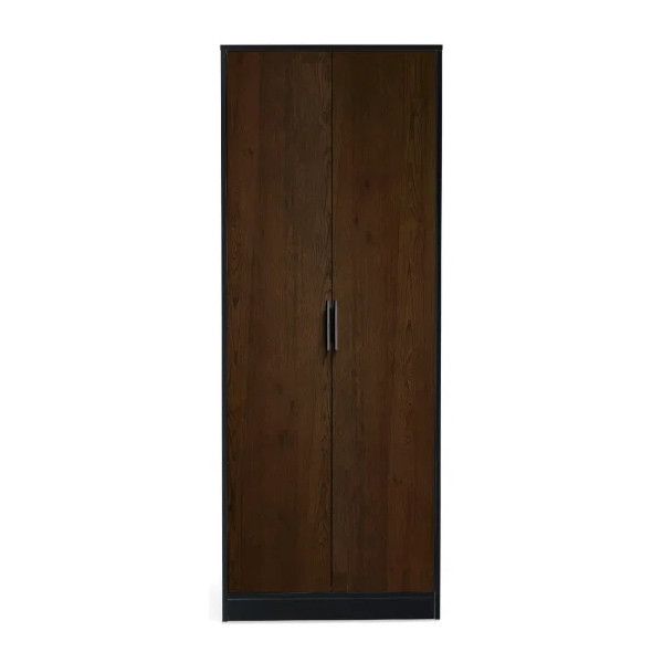 Dark oak Alba wardrobe featuring two full-length wooden doors with slim black handles, centered against a plain background.
