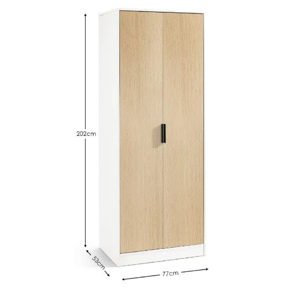 Technical dimension diagram of the Alba wardrobe, highlighting 202cm height, 77cm width, and 53cm depth specifications.