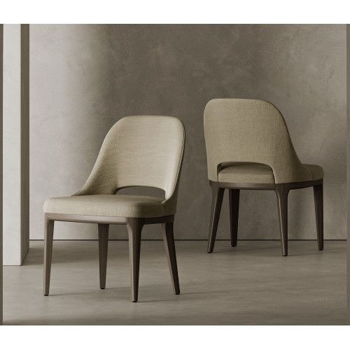 Axis Side Chair in beige fabric with curved backrest and dark wood legs, shown from front and rear.