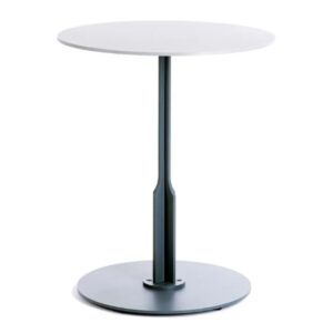 Bel Dining Table with a white circular top and a dark metal pedestal base, shown from a front-facing perspective.