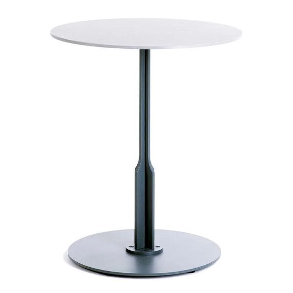 Bel Dining Table with a white circular top and a dark metal pedestal base, shown from a front-facing perspective.