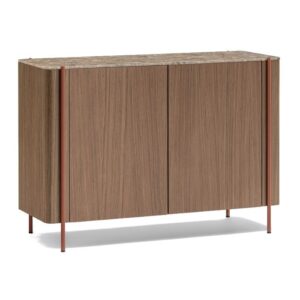 Blume 2 Sideboard with a wooden cabinet body, marble top, and slim reddish-brown metal frame on a white background.