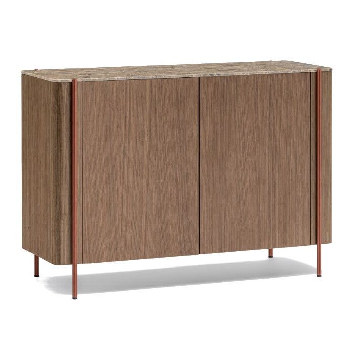 Blume 2 Sideboard with a wooden cabinet body, marble top, and slim reddish-brown metal frame on a white background.