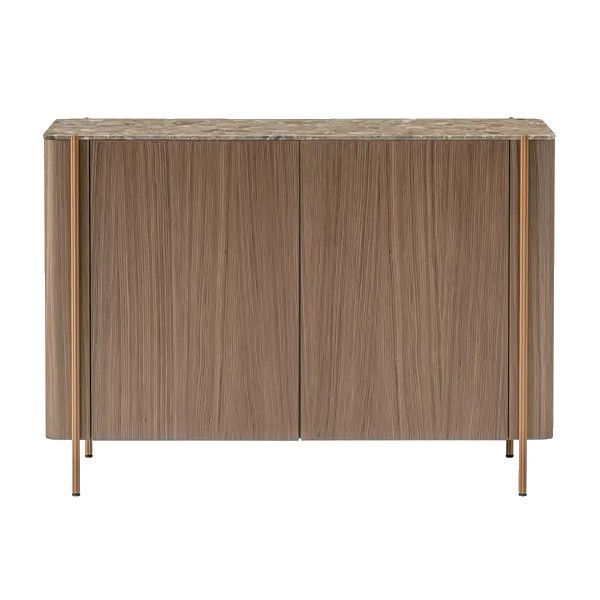 Front view of the Blume 2 Sideboard featuring a sleek wood-grain finish, stone countertop, and elegant metallic legs.