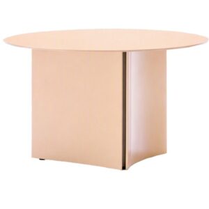 Estratto round coffee table in a light peach matte finish with a minimalist pedestal metal base, eye-level studio view.