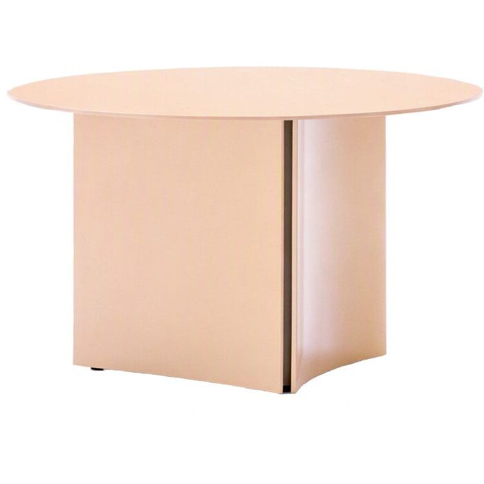Estratto round coffee table in a light peach matte finish with a minimalist pedestal metal base, eye-level studio view.