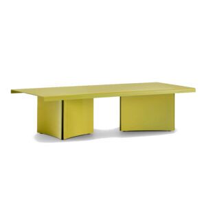 Contemporary Estratto square coffee table in yellow with a minimalist metal pedestal base on a plain white background.