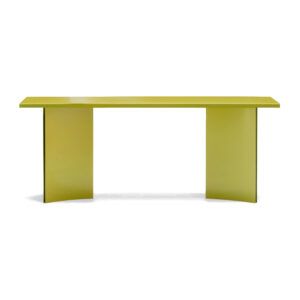 Estratto dining table in lime green metal with a sleek, minimalist pedestal base design on a white background.