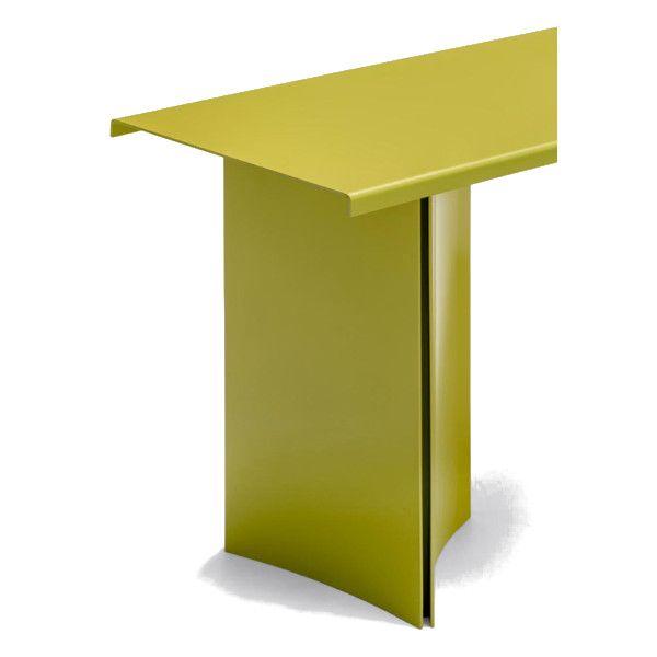 Close-up of the Estratto dining table showing its sharp folded metal edges and unique curved vertical column base.