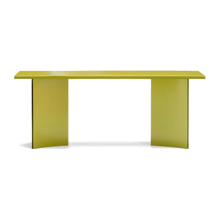 Estratto dining table in lime green metal with a sleek, minimalist pedestal base design on a white background.