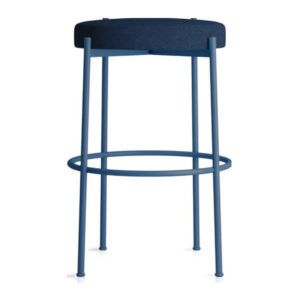 Giotto high stool featuring a blue metal four-legged frame, circular footrest, and a round dark blue upholstered seat.