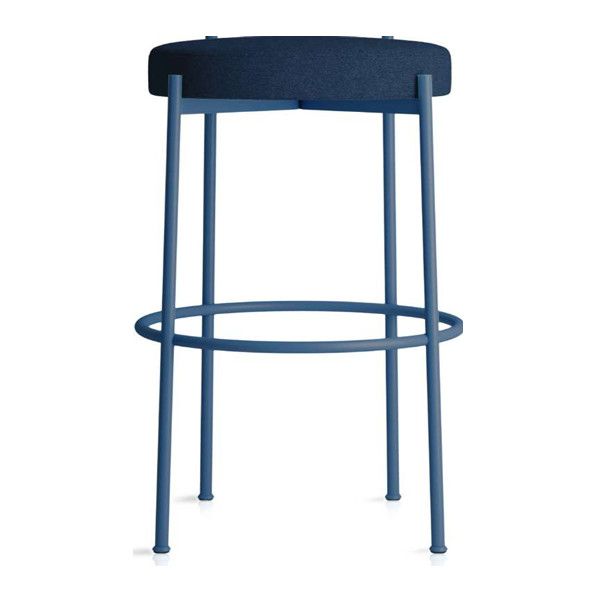 Giotto high stool featuring a blue metal four-legged frame, circular footrest, and a round dark blue upholstered seat.