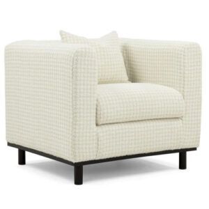 Jeremy Lounge Chair in cream houndstooth fabric with a dark wooden frame and four-legged base, front-side angle view.